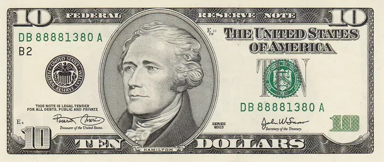 Who is on US Banknotes? Faces on United States Dollar Bills 8 The face of Alexander Hamilton appears on the $10 bill.
U.S. Dept of the Treasury
