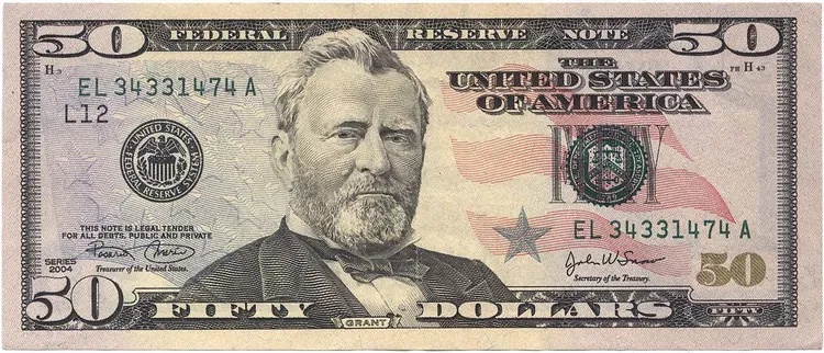 Who is on US Banknotes? Faces on United States Dollar Bills 12 The face of President Ulysses S. Grant appears on the $50 bill.
U.S. Dept of the Treasury