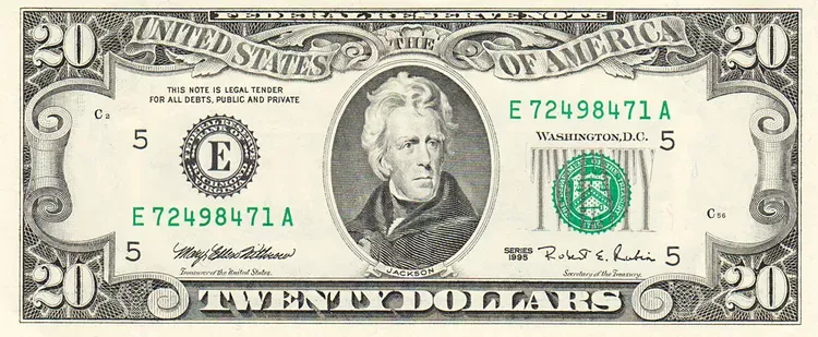 Who is on US Banknotes? Faces on United States Dollar Bills 10 The face of Andrew Jackson appears on the $20 bill.
U.S. Dept of the Treasury